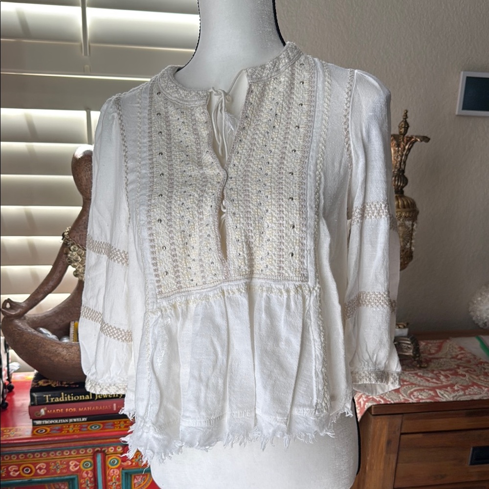 Free People Cream Embroidered Blouse